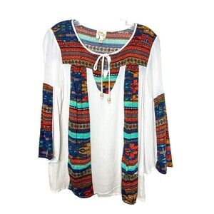 Fig & Flower Anthropologie Women’s Large Boho Bell Sleeve Gauzy Aztec Print Top